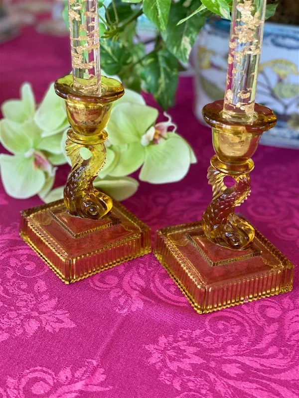 Pair Amber Koi Fish Short Candlesticks