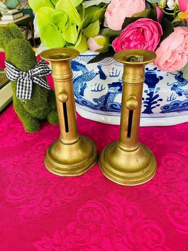 Pair Antique Brass Courting Candlesticks, Circa 1850