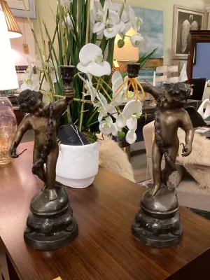 Pair Bronze Angel Candlesticks