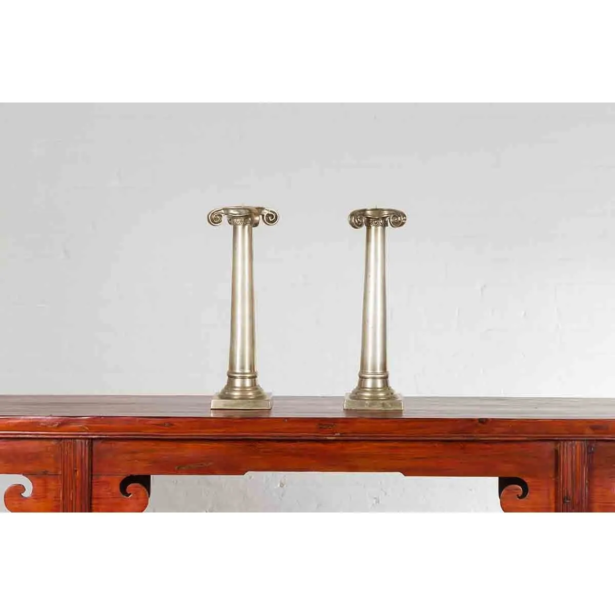 Pair of Silver over Bronze Column Candlesticks