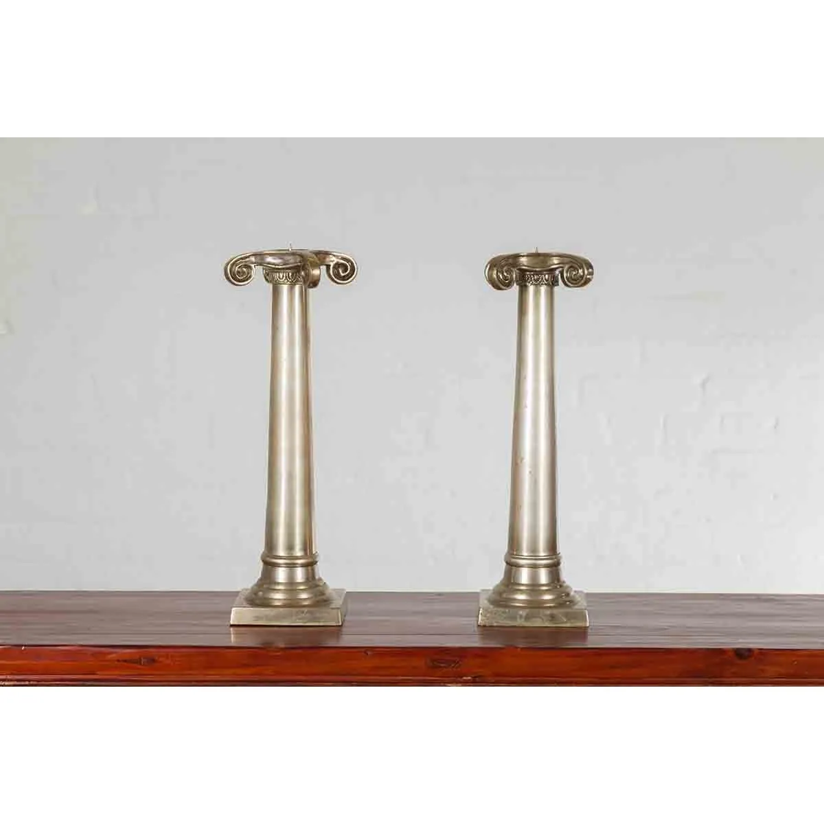 Pair of Silver over Bronze Column Candlesticks