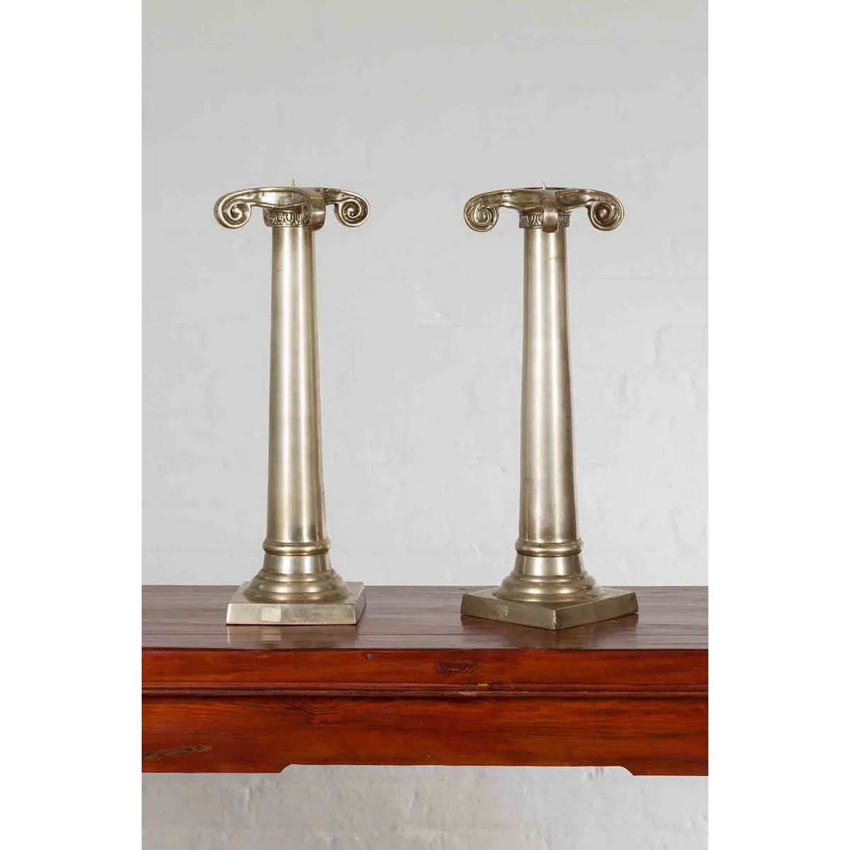 Pair of Silver over Bronze Column Candlesticks