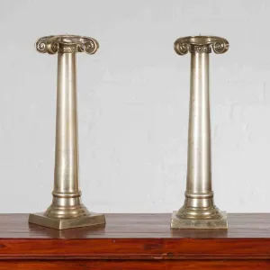 Pair of Silver over Bronze Column Candlesticks