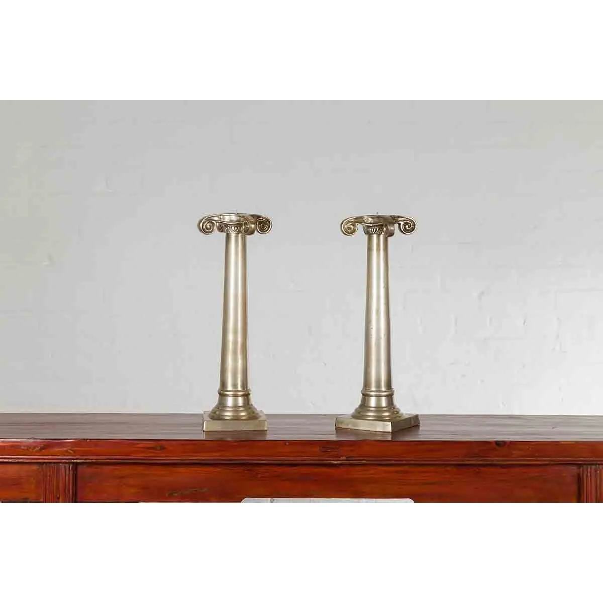 Pair of Silver over Bronze Column Candlesticks