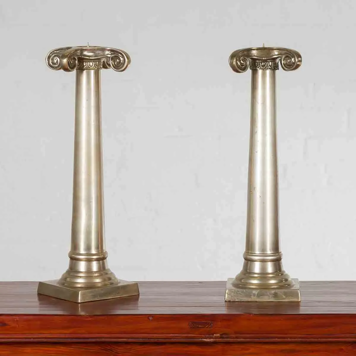 Pair of Silver over Bronze Column Candlesticks