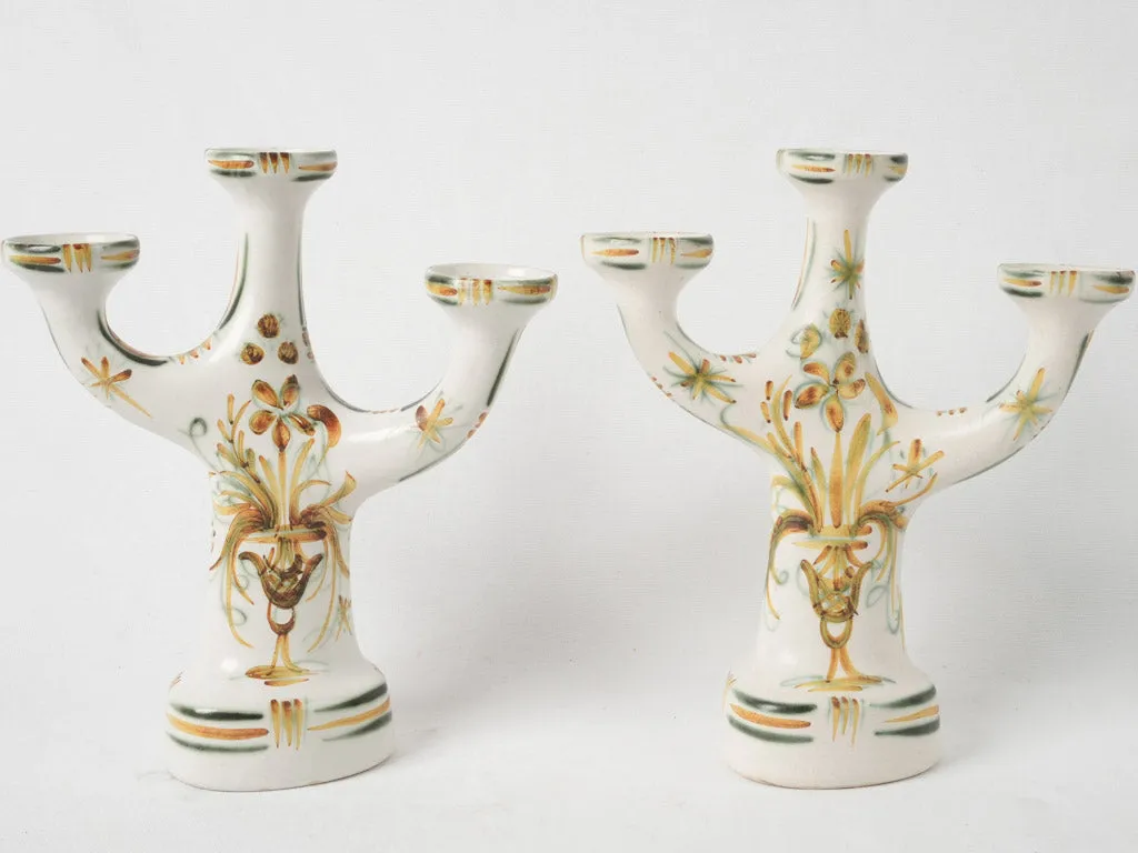 Pair of vintage ceramic Quimper candelabras w/ 3 arms 13"