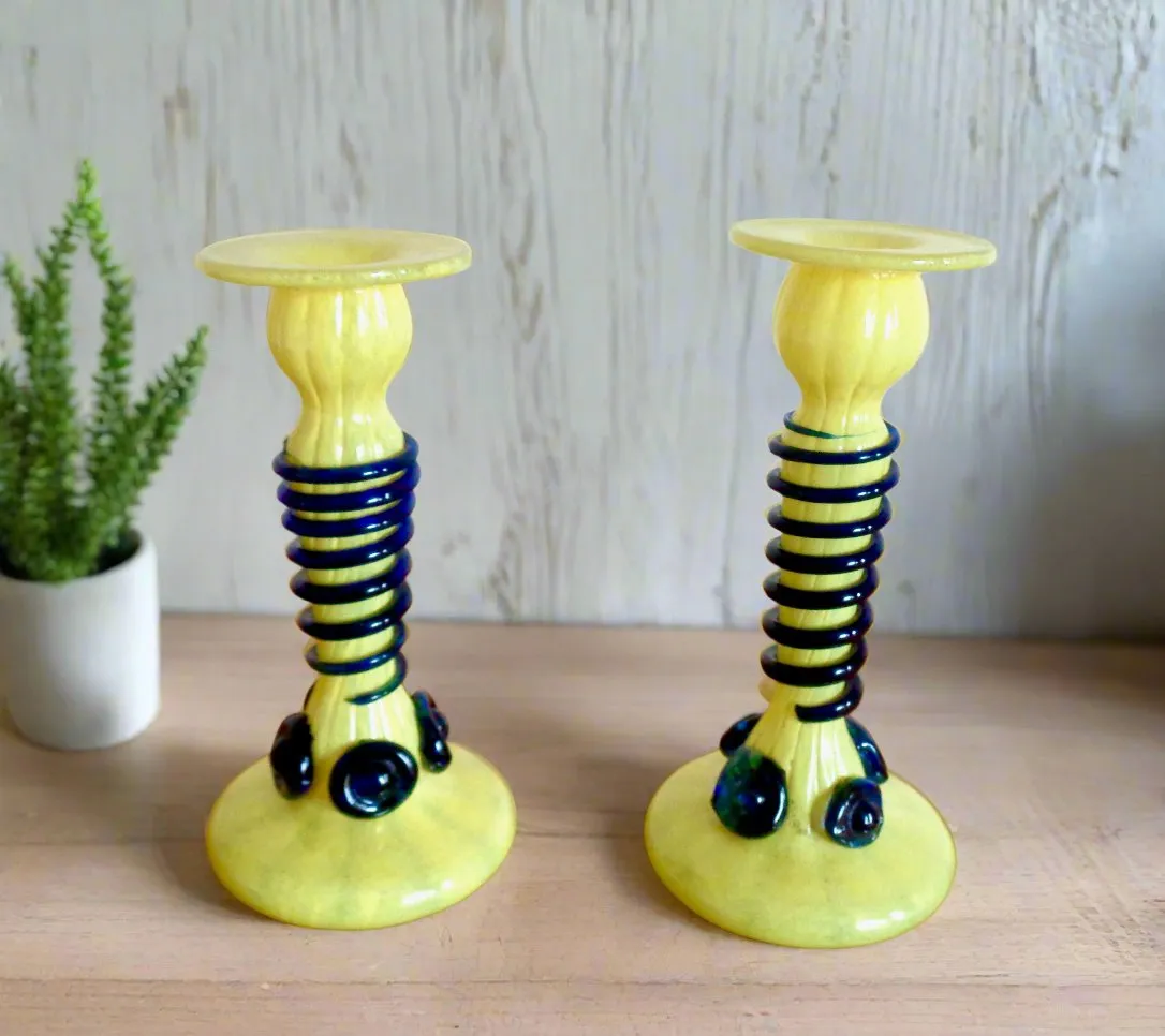 Pair Of Yellow Art Glass Candlesticks With Blue Spiral Glass And Flower Accents