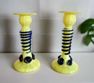 Pair Of Yellow Art Glass Candlesticks With Blue Spiral Glass And Flower Accents