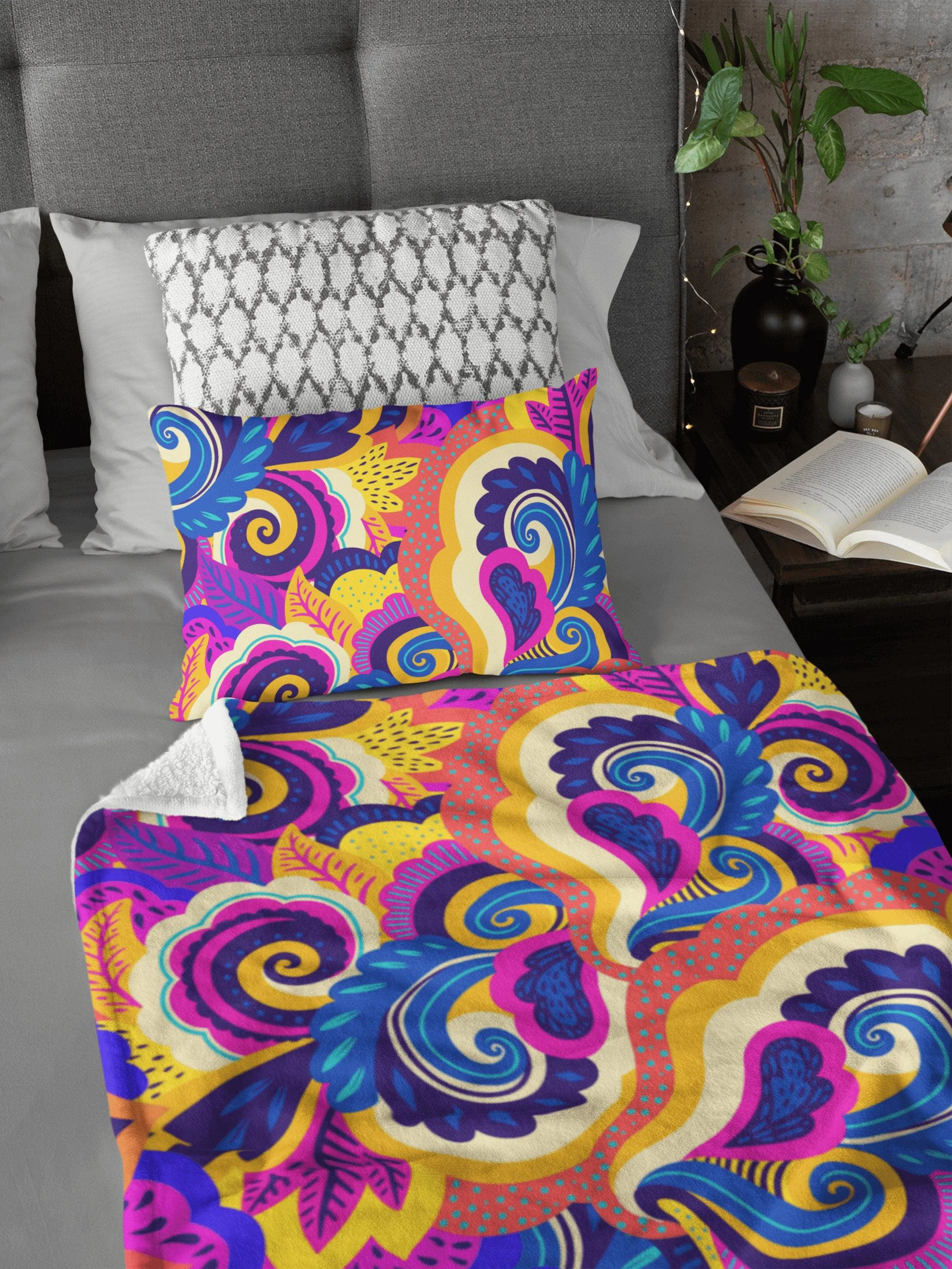 Paisley Swirl Yellow Pink Blue Colorful Fluffy Velvet Flannel Fleece Throw Blanket