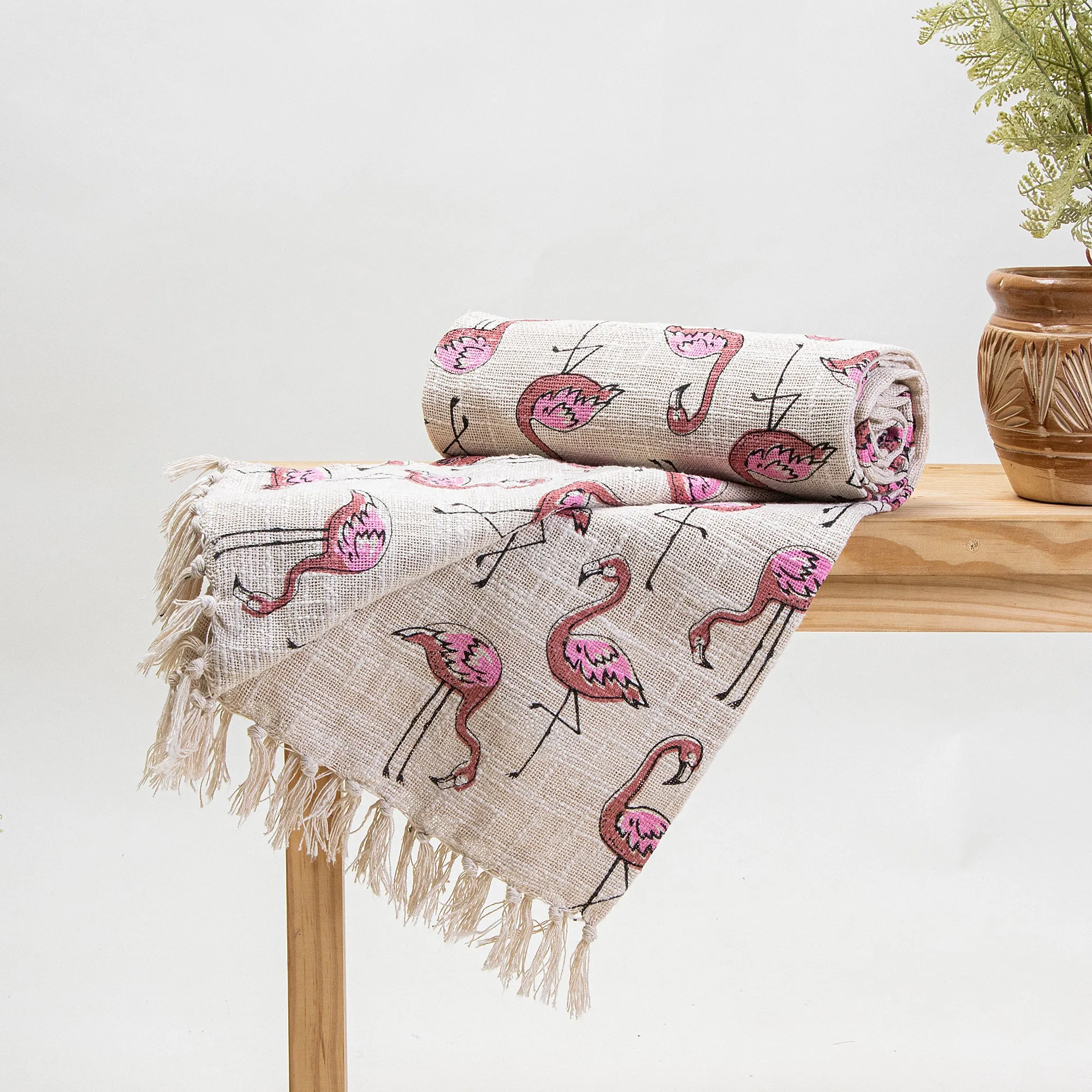Pink Herons Birds Design Decor Cotton Block Print Throw Blanket