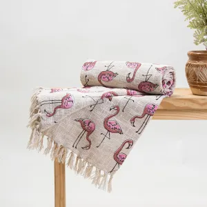 Pink Herons Birds Design Decor Cotton Block Print Throw Blanket
