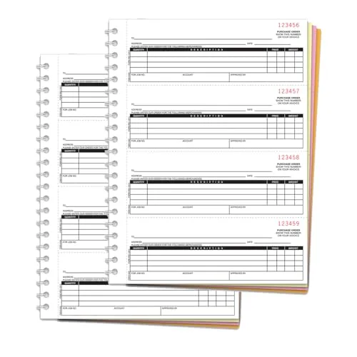 Purchase Order Books (Form NC-124-4) - 4-Part (White, Canary, Pink, Goldenrod) Carbonless Paper - 4 Orders/Page (2-3/4" x 7-1/2" Each) - 8.5" x 11" Heavy Duty Coil Bound Books