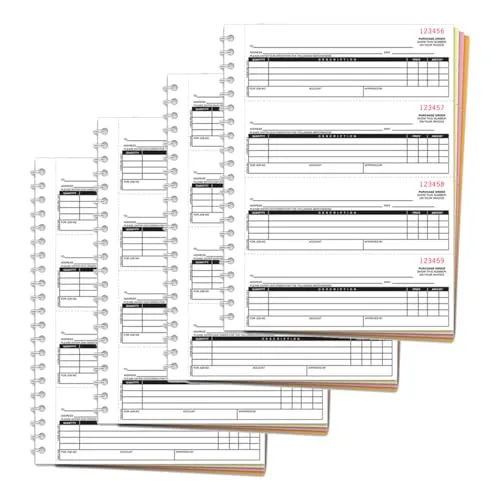 Purchase Order Books (Form NC-124-4) - 4-Part (White, Canary, Pink, Goldenrod) Carbonless Paper - 4 Orders/Page (2-3/4" x 7-1/2" Each) - 8.5" x 11" Heavy Duty Coil Bound Books