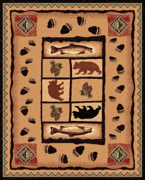 "Bear, Fish & Pinecone" Rustic Northwoods Area Rug - 2 x 3