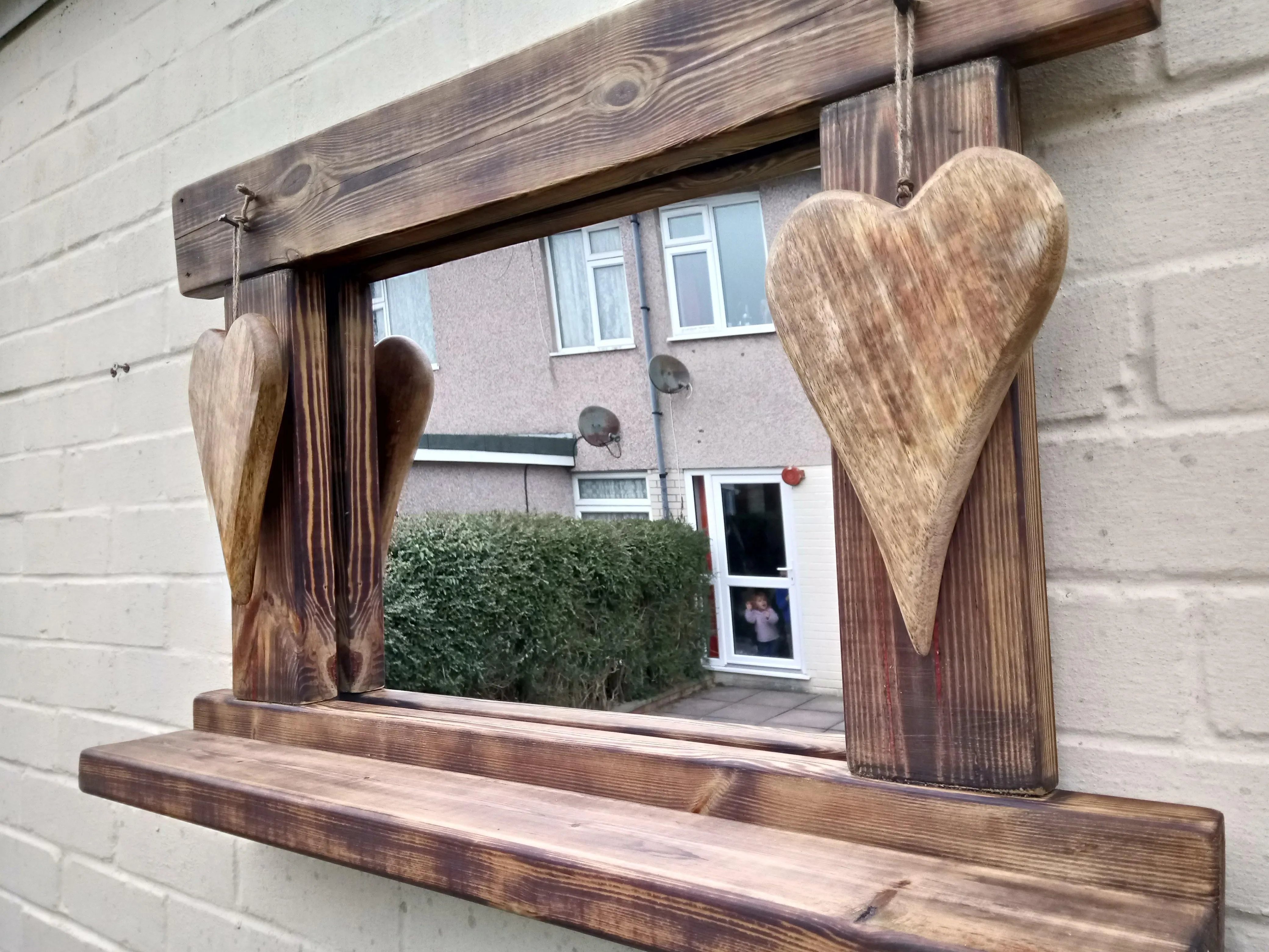 Reclaimed Solid Wood Love Heart Mirror With Shelf - Style 7