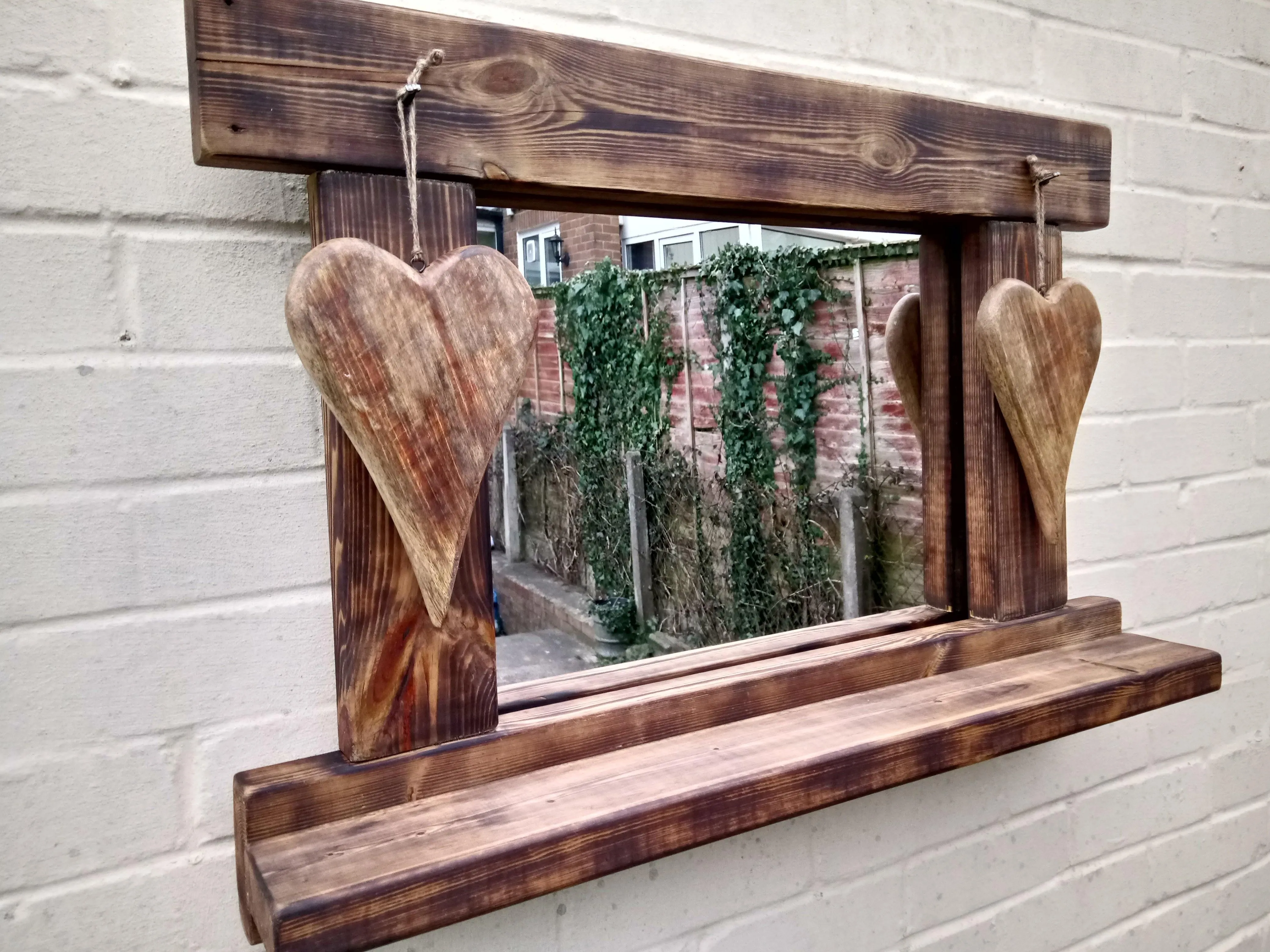 Reclaimed Solid Wood Love Heart Mirror With Shelf - Style 7