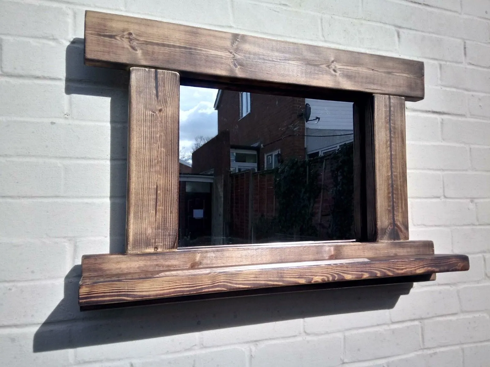 Reclaimed Solid Wood Rustic Mirror With Shelf - Style 3