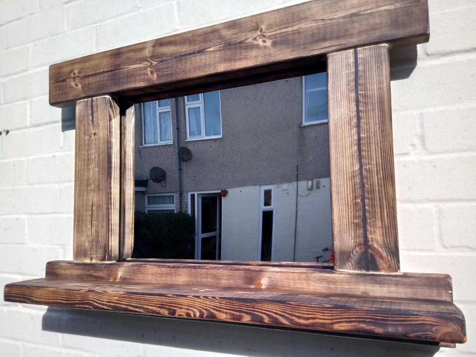 Reclaimed Solid Wood Rustic Mirror With Shelf - Style 3