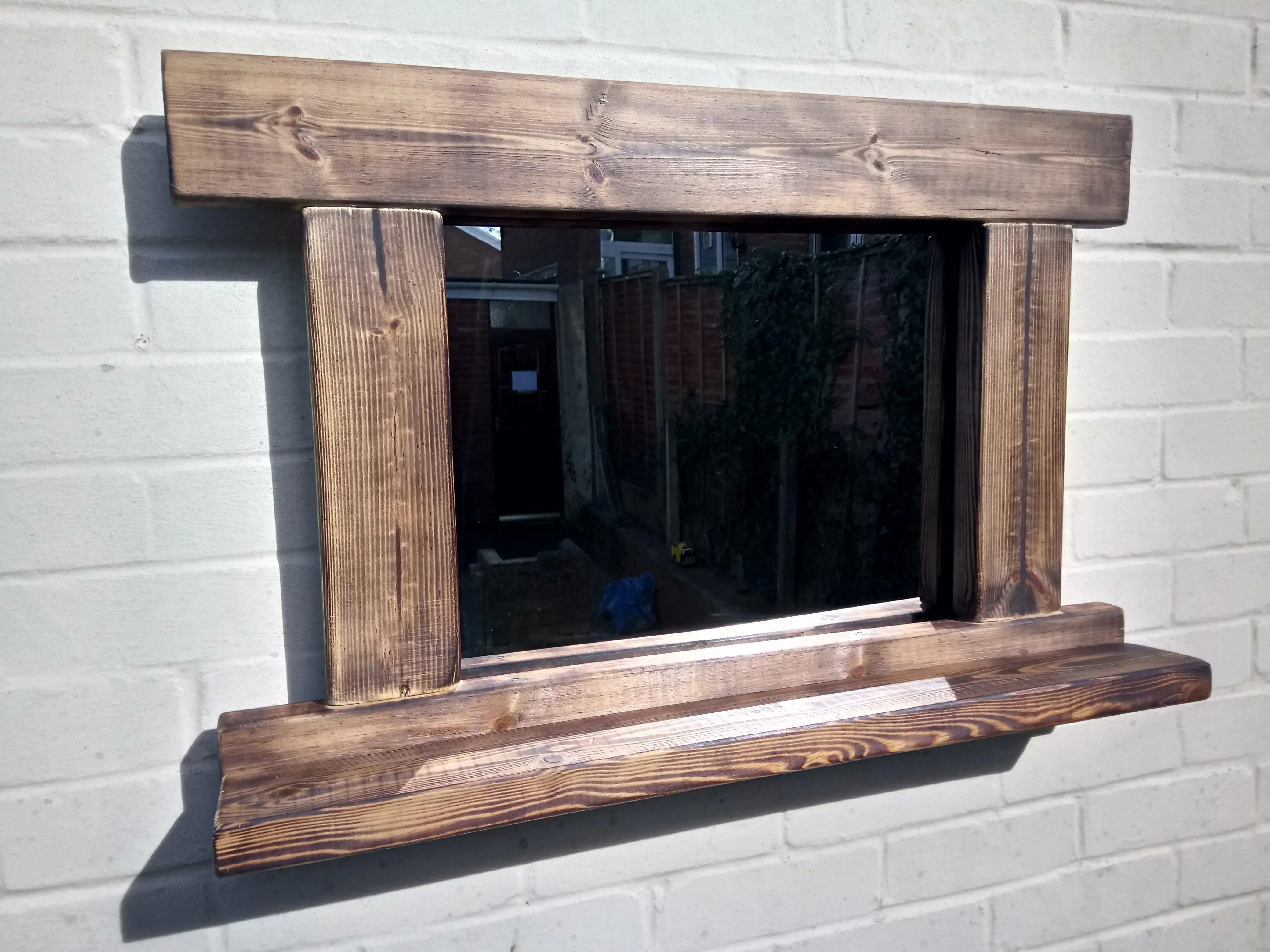 Reclaimed Solid Wood Rustic Mirror With Shelf - Style 3