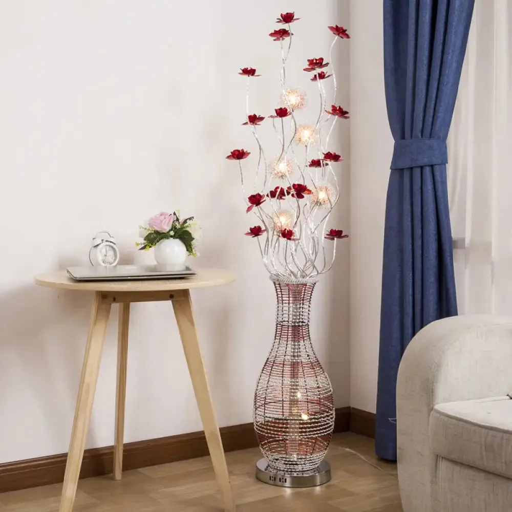 Red LED Tree Floor Lamp with Vase Pedestal - Elegant Aluminum Decorative Reading Light