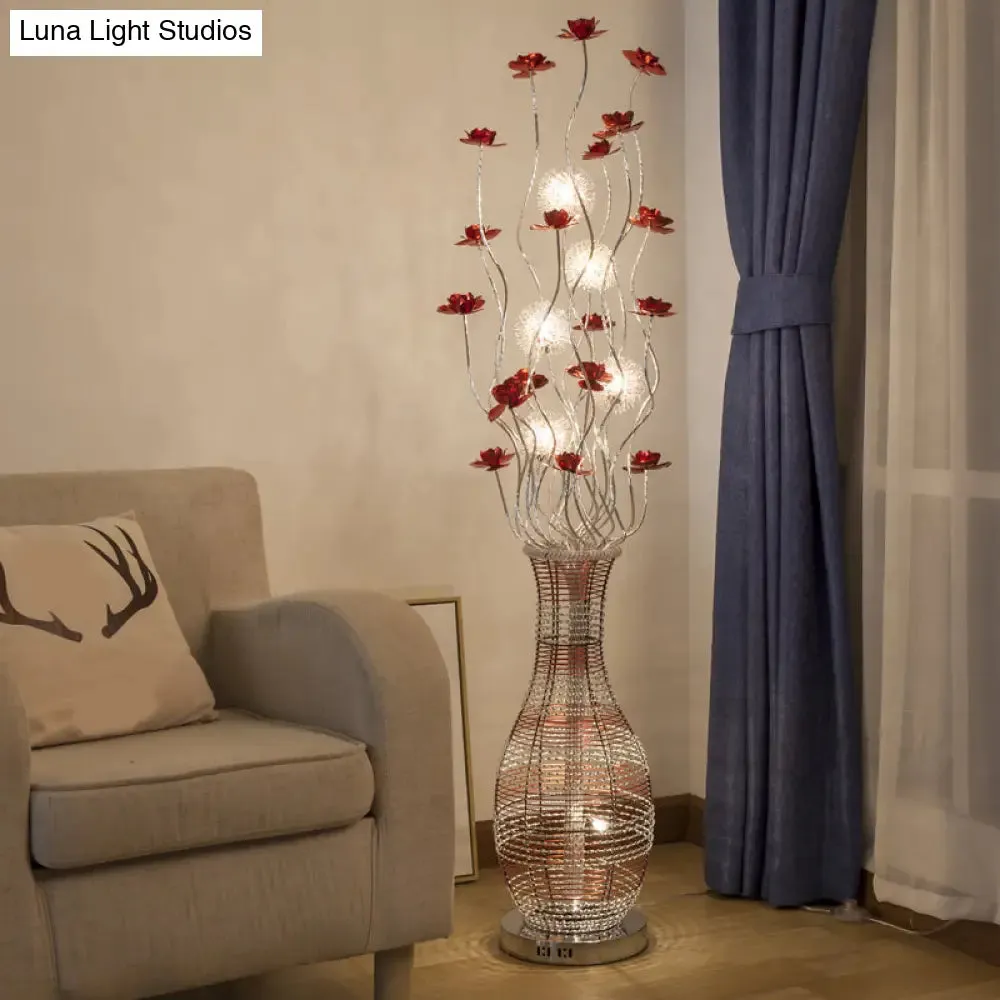 Red LED Tree Floor Lamp with Vase Pedestal - Elegant Aluminum Decorative Reading Light