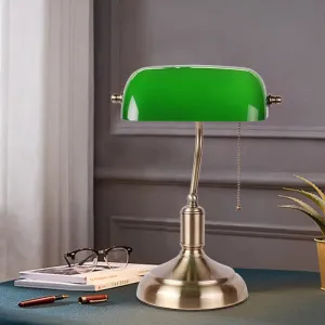 Retro Green Glass Nightstand Lamp with Swivel Shade and Pull Chain in Polished Brass - Single