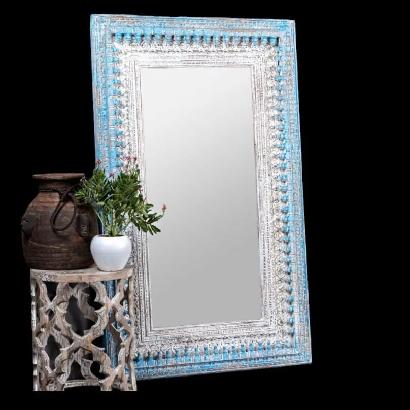 RFE Wooden Decorative Wall Mirror, Hand Painted Wood Frame, for Living Spaces, Home Accent