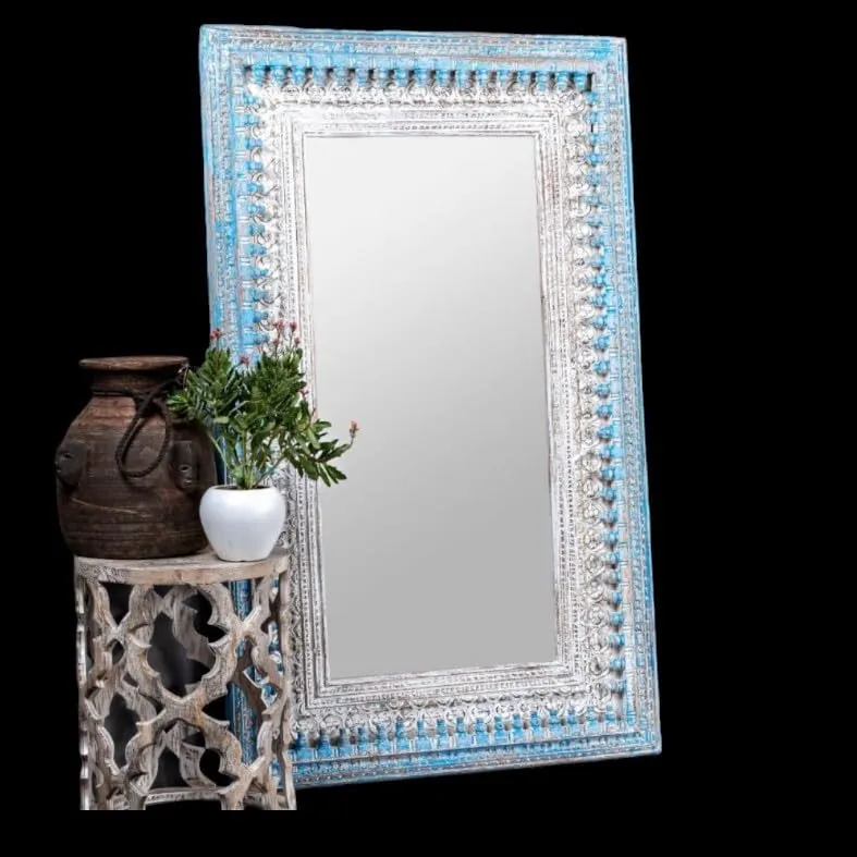 RFE Wooden Decorative Wall Mirror, Hand Painted Wood Frame, for Living Spaces, Home Accent