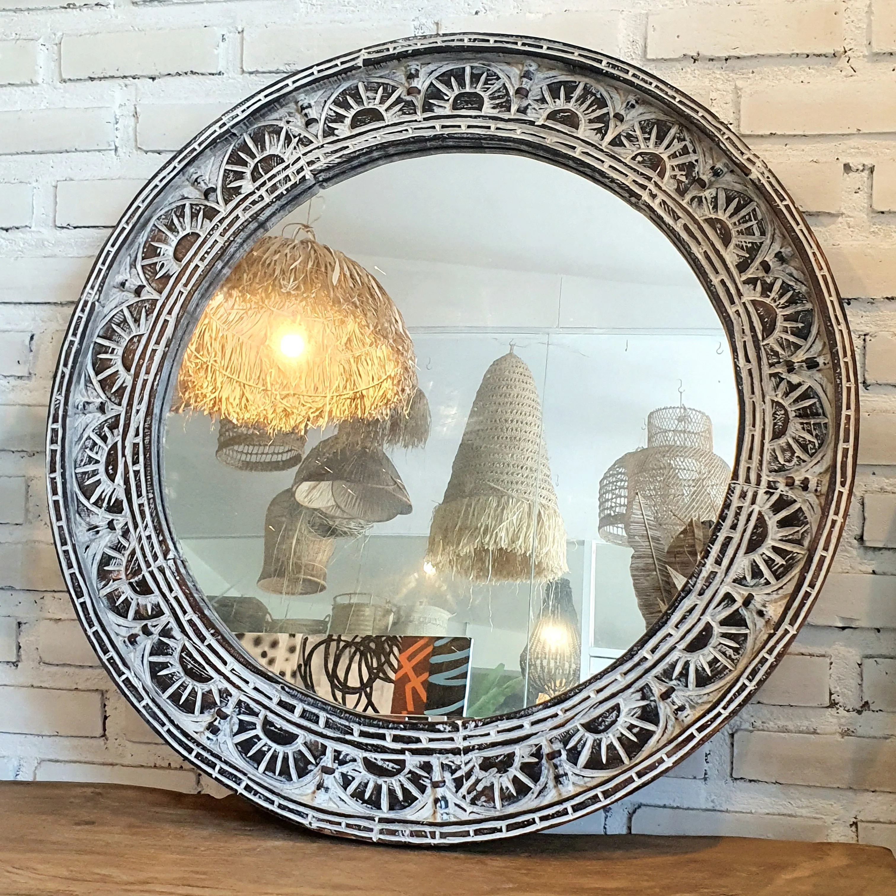 Round Antique Tribal Carved Wooden Mirror