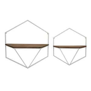 S/2 Metal / Wood Hexagon Wall Shelves, Gold/Wht
