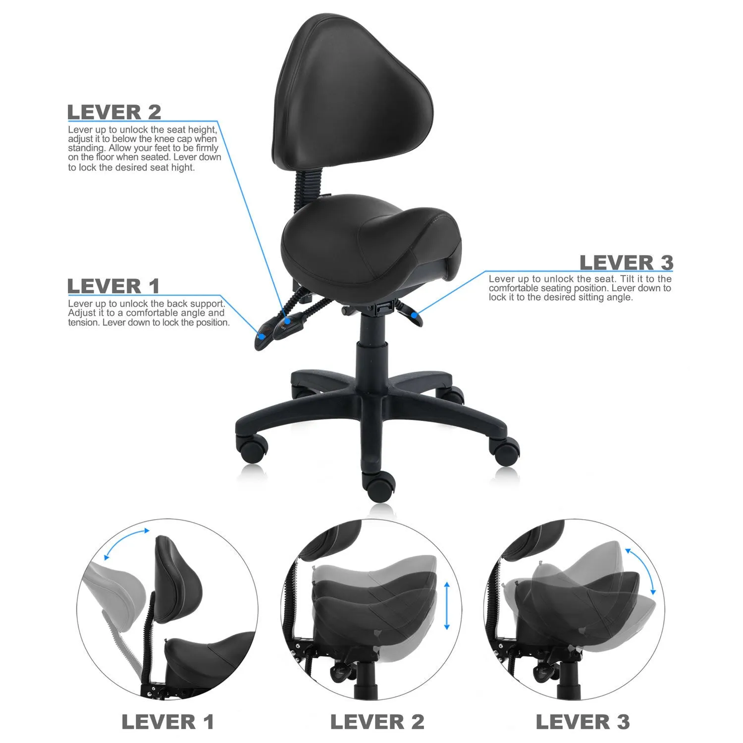 Saddle Shape Stool with Back Support and Tilt-able seat
