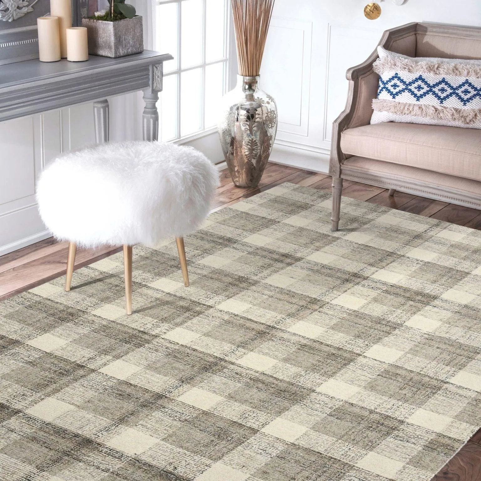 Sand Wool Tartan 8 X 10 Feet Hand-Tufted Carpet Checked Rug