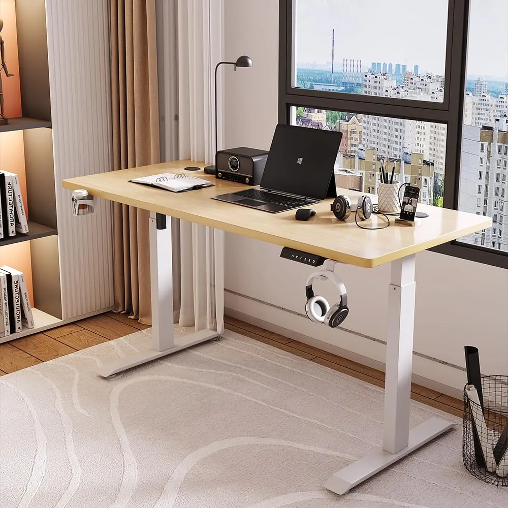 SAVYA HOME Electric Height Adj. Engineered Wood Desk, Ergonomic Sit-Stand Desk, Digital Display with Memory Preset Option, Cup Holder & Earphone Hook (160 * 60*(72-117) cm), Beige Walnut