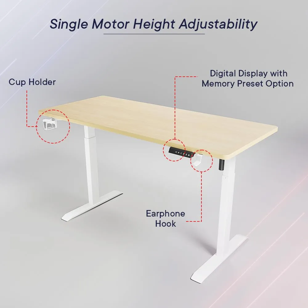 SAVYA HOME Electric Height Adj. Engineered Wood Desk, Ergonomic Sit-Stand Desk, Digital Display with Memory Preset Option, Cup Holder & Earphone Hook (160 * 60*(72-117) cm), Beige Walnut