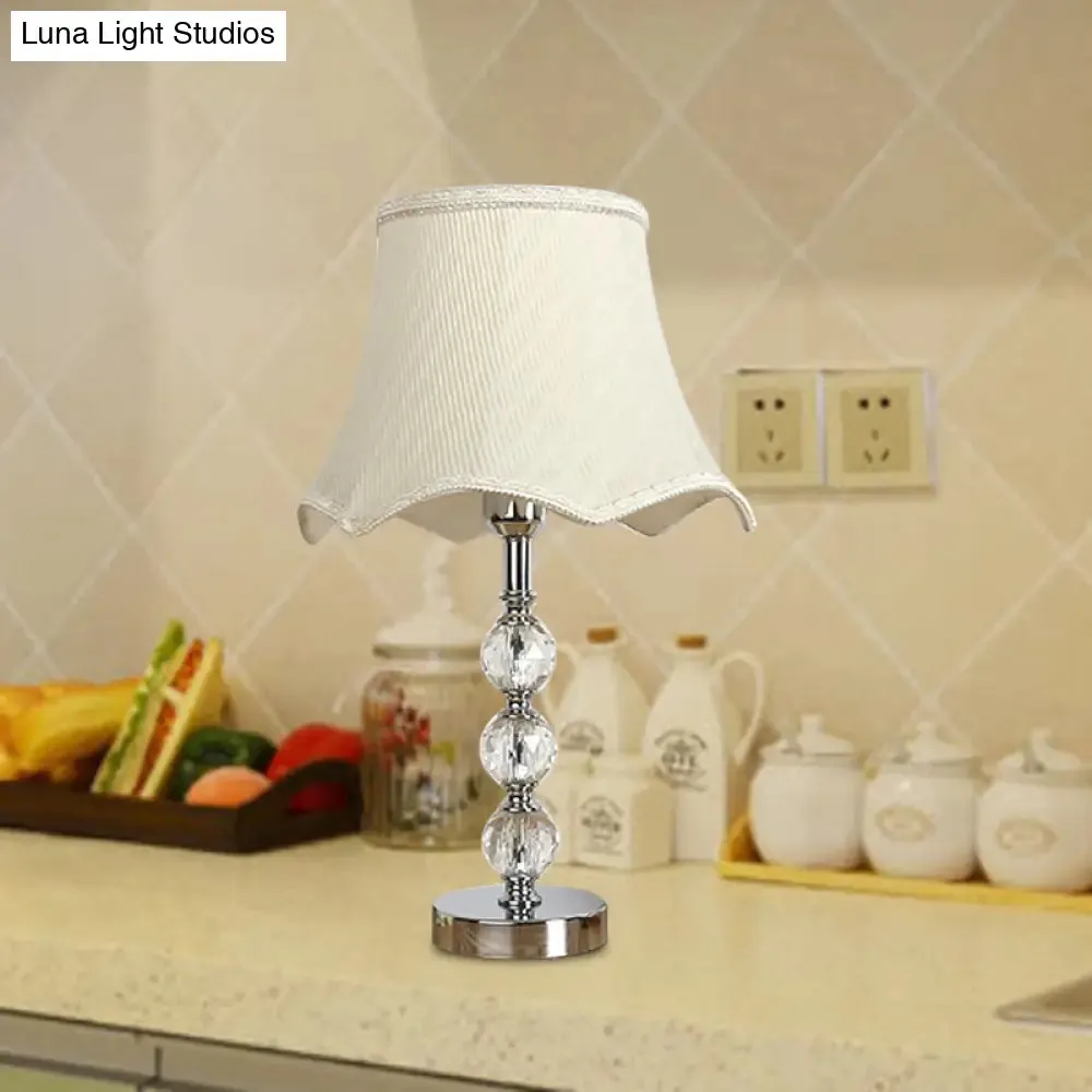 Scalloped Crystal Table Lamp - Elegant Living Room Nightstand Light - Beige/Light Brown with Braided Trim