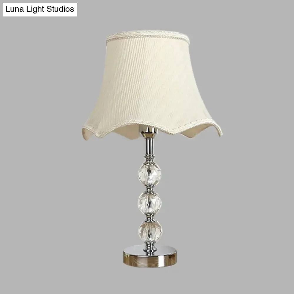 Scalloped Crystal Table Lamp - Elegant Living Room Nightstand Light - Beige/Light Brown with Braided Trim