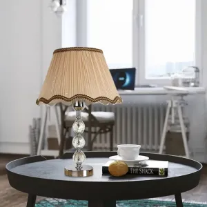 Scalloped Crystal Table Lamp - Elegant Living Room Nightstand Light - Beige/Light Brown with Braided Trim
