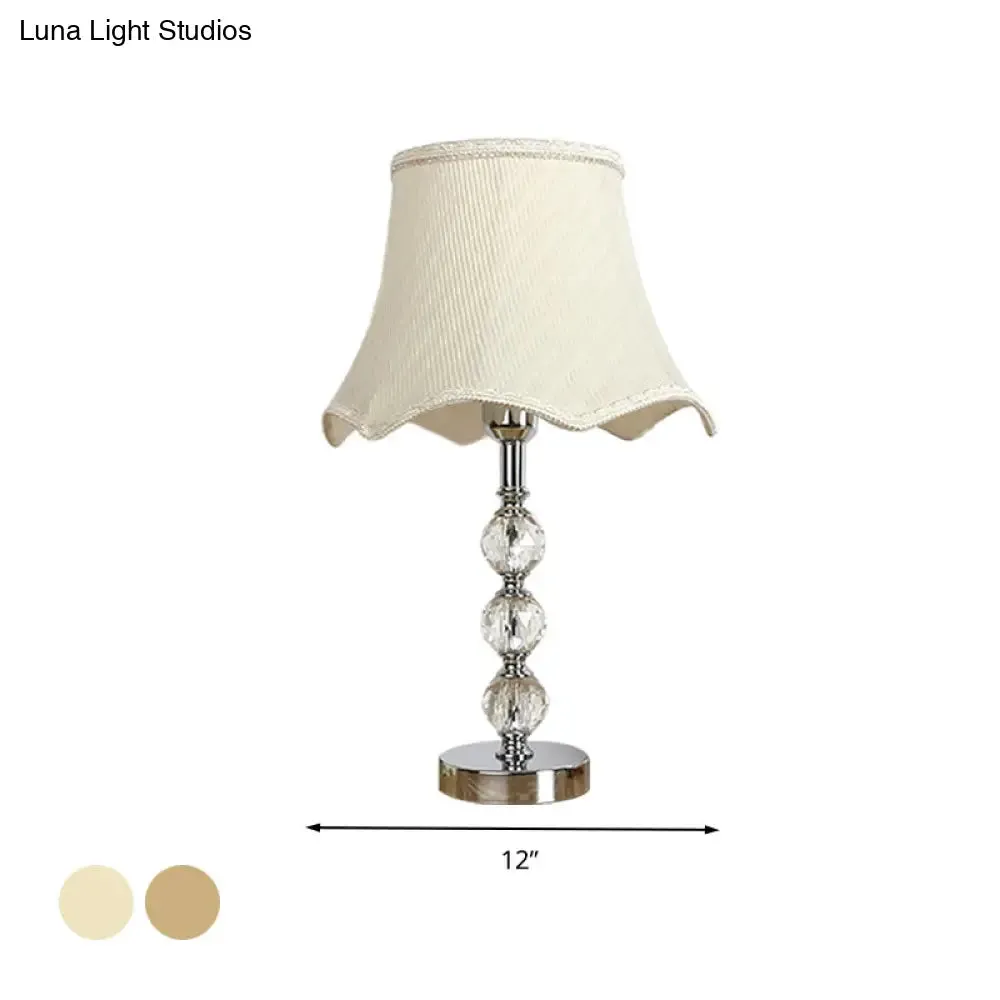 Scalloped Crystal Table Lamp - Elegant Living Room Nightstand Light - Beige/Light Brown with Braided Trim