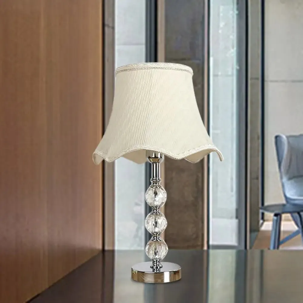 Scalloped Crystal Table Lamp - Elegant Living Room Nightstand Light - Beige/Light Brown with Braided Trim