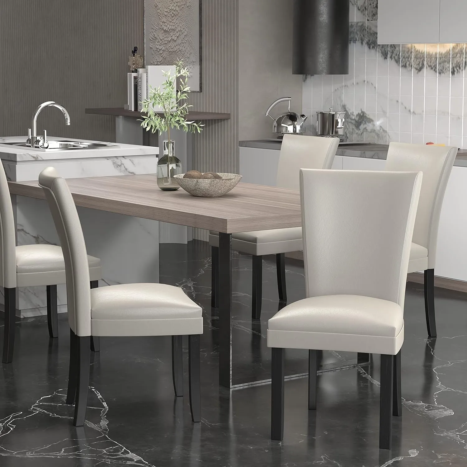 Set of 2 Dinning Chairs with Leather Surface, Solid Wood Accent Chairs with High Back, Simple Office Chairs