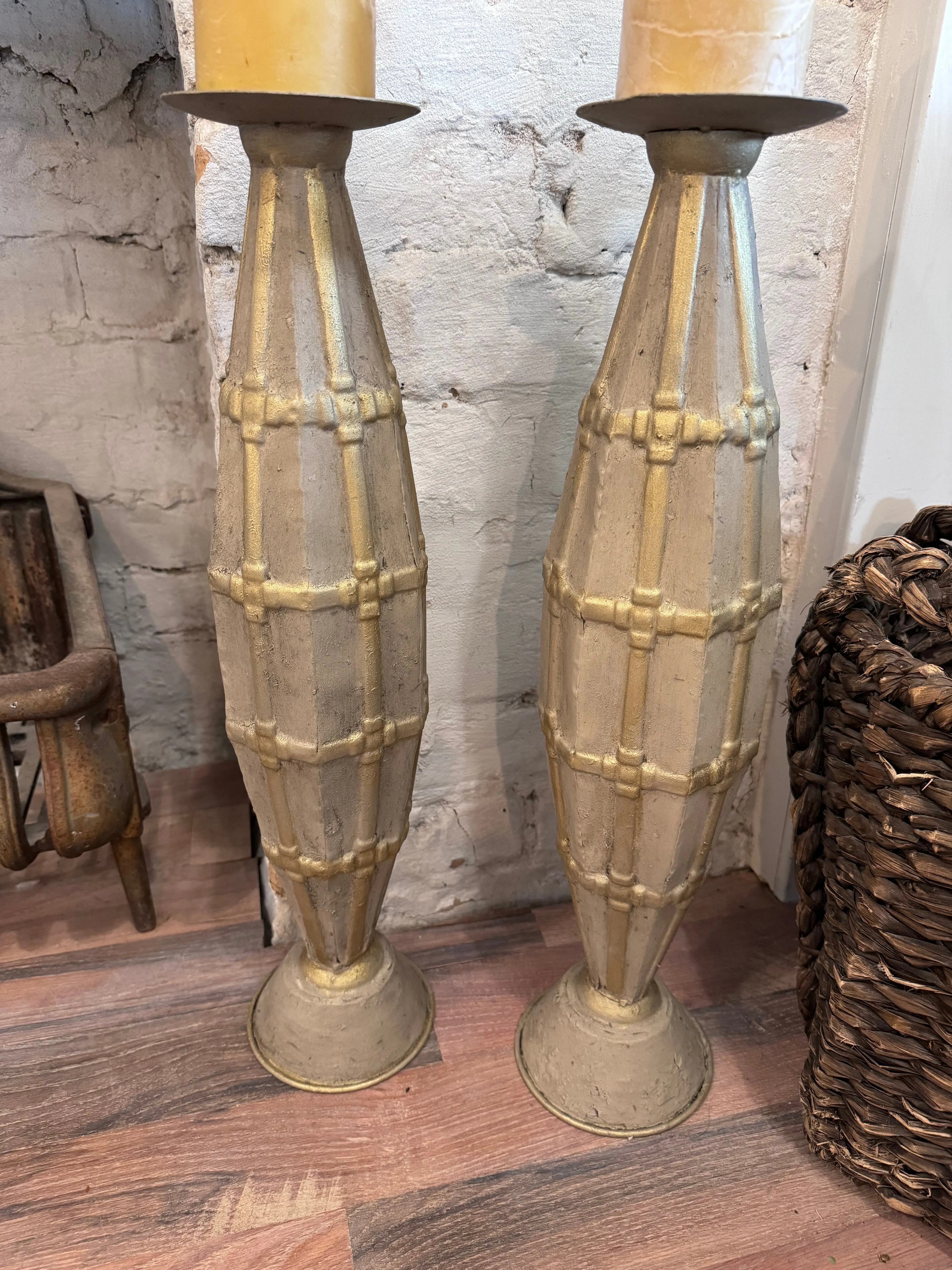 Set of 2 Tall Pressed Tin Candlesticks With Gold Wax - CANDLES NOT INCLUDED
