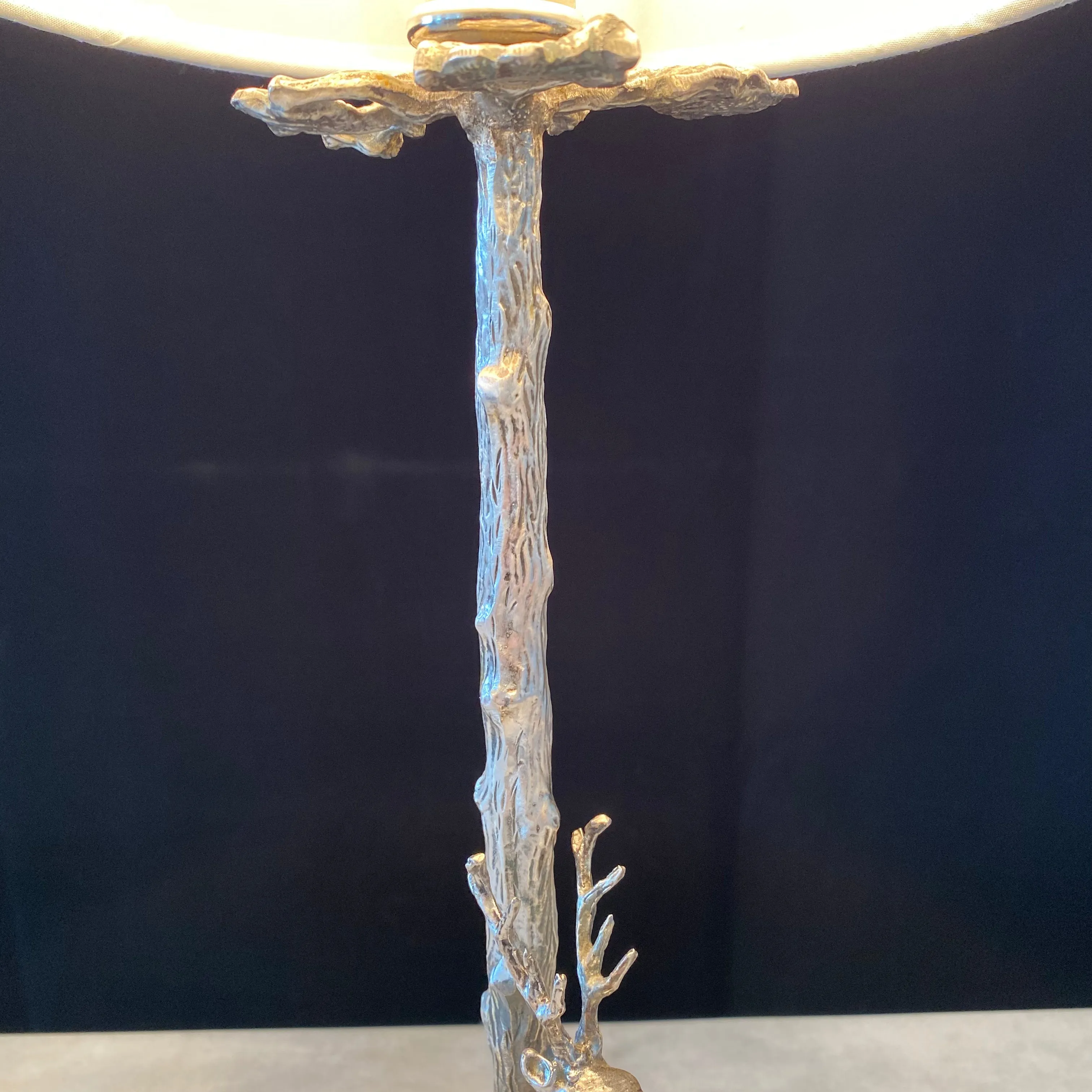 Silver Plated Bronze Deer or Stag Sculpture Table Lamp with Leaf Torch Base in the Manner of Valenti