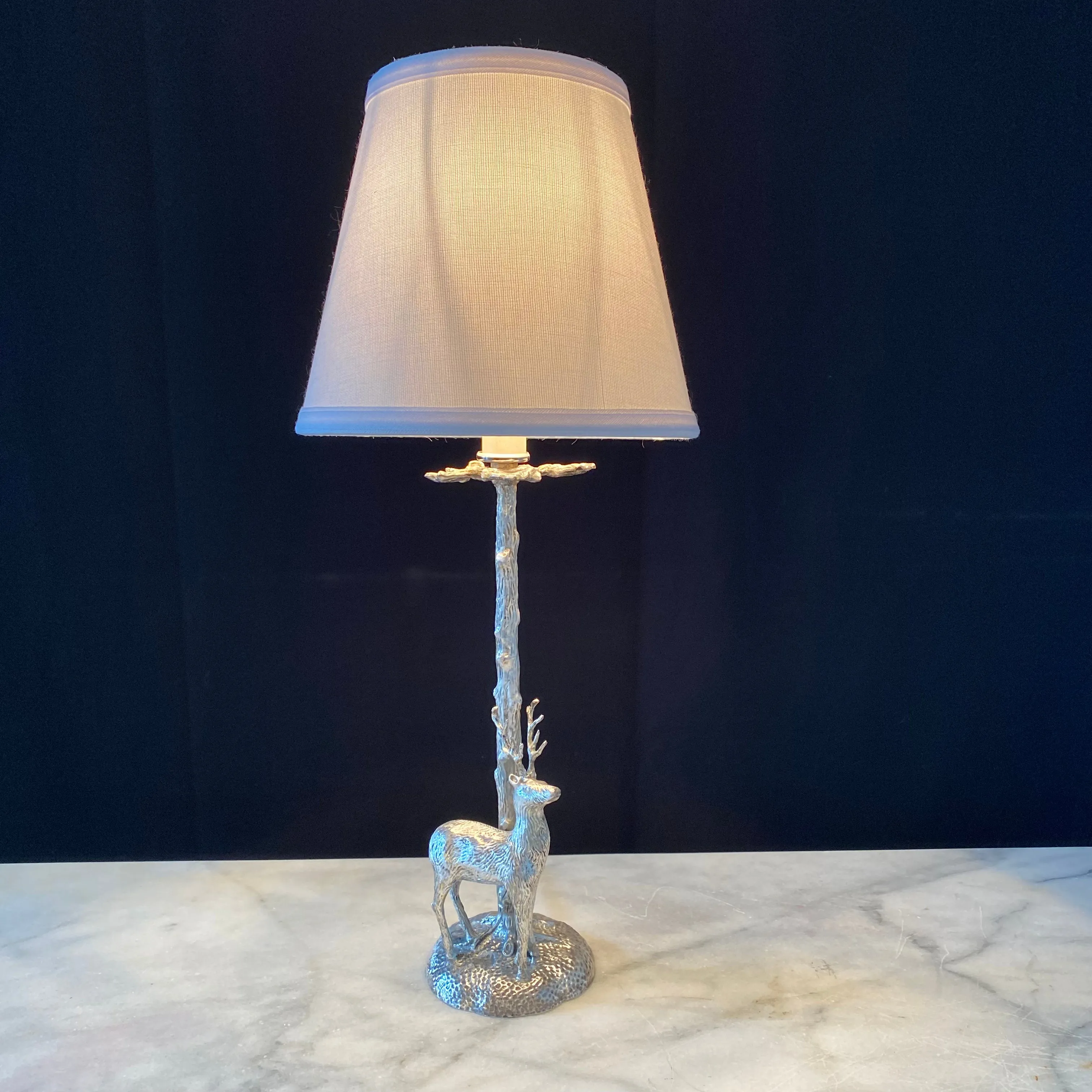 Silver Plated Bronze Deer or Stag Sculpture Table Lamp with Leaf Torch Base in the Manner of Valenti
