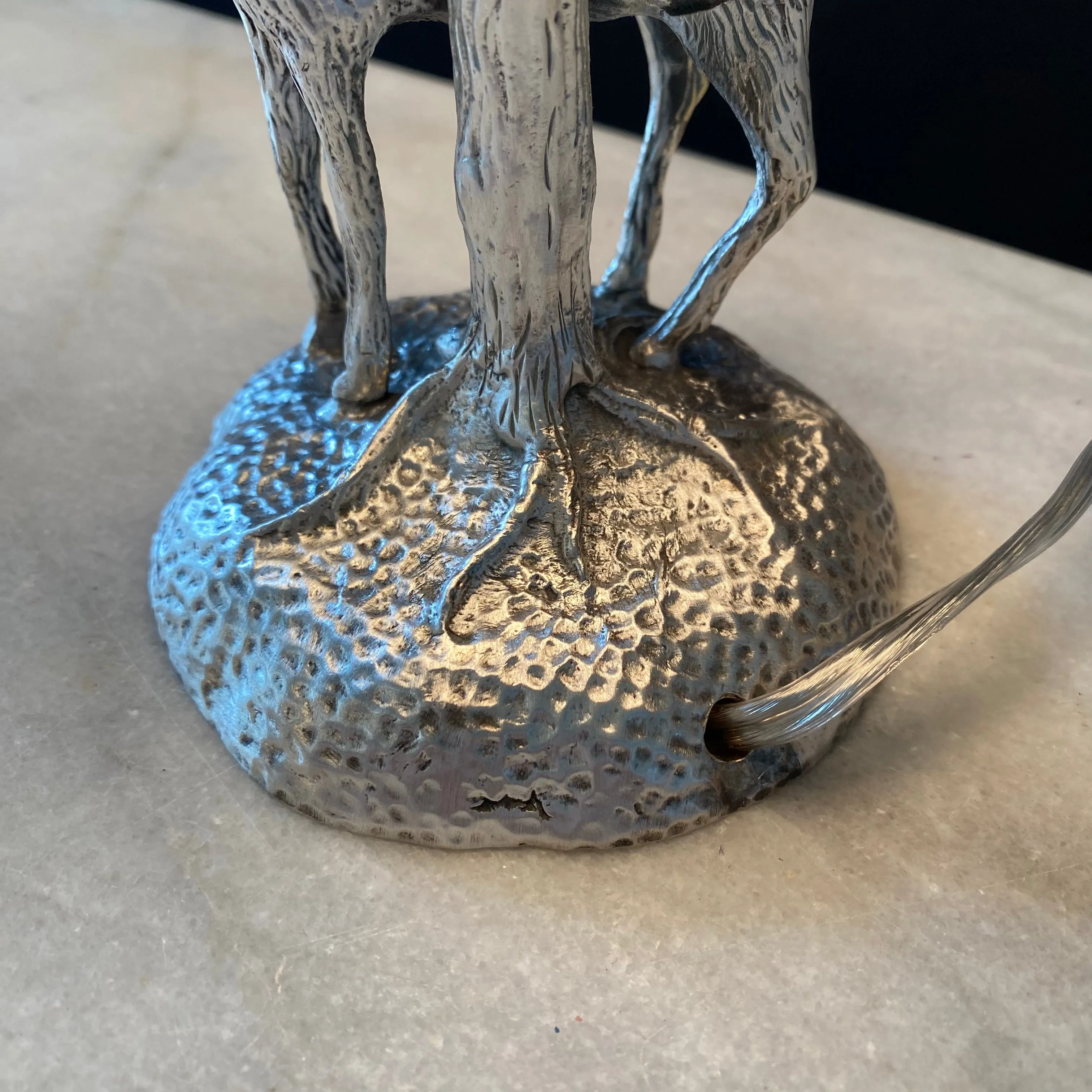 Silver Plated Bronze Deer or Stag Sculpture Table Lamp with Leaf Torch Base in the Manner of Valenti