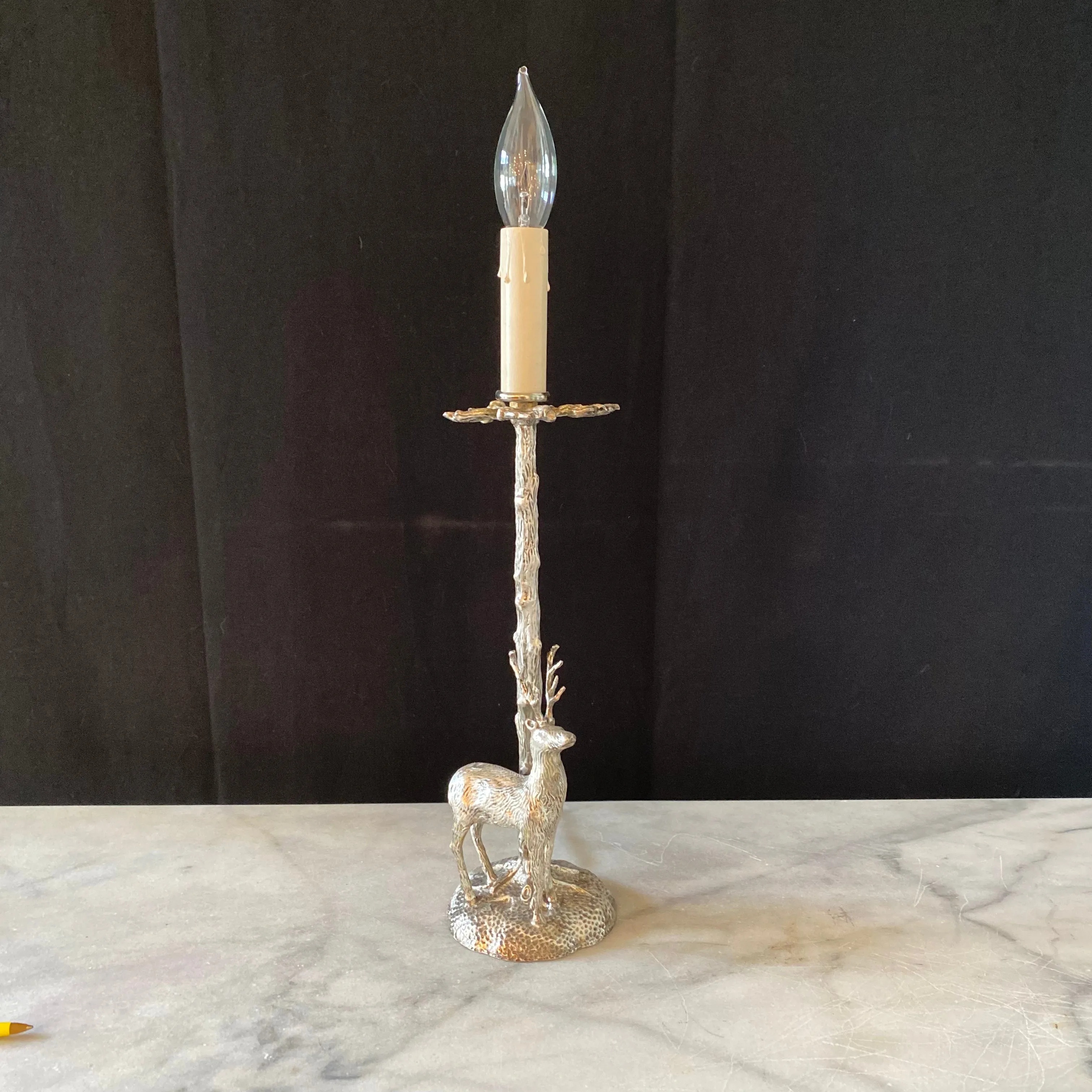 Silver Plated Bronze Deer or Stag Sculpture Table Lamp with Leaf Torch Base in the Manner of Valenti