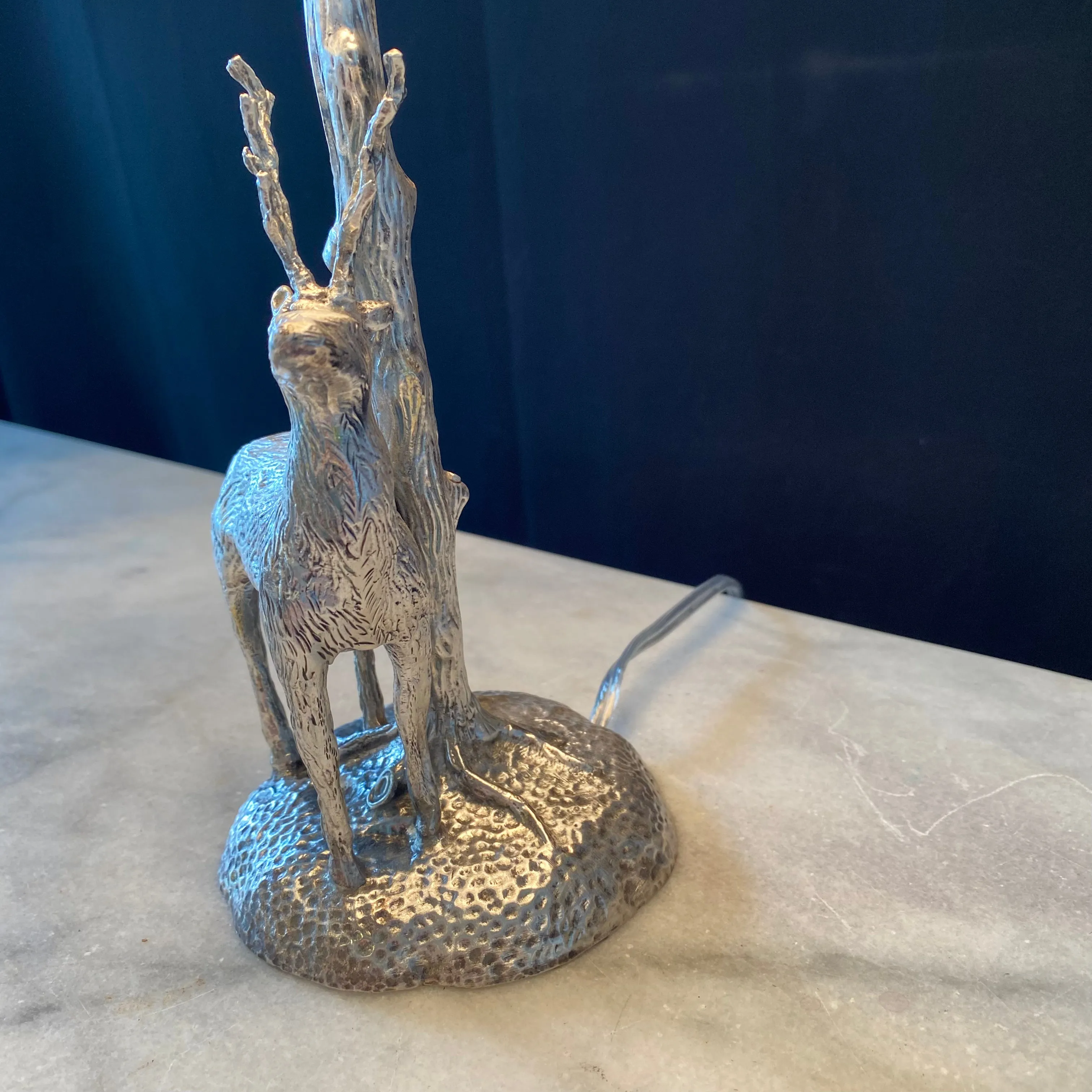 Silver Plated Bronze Deer or Stag Sculpture Table Lamp with Leaf Torch Base in the Manner of Valenti