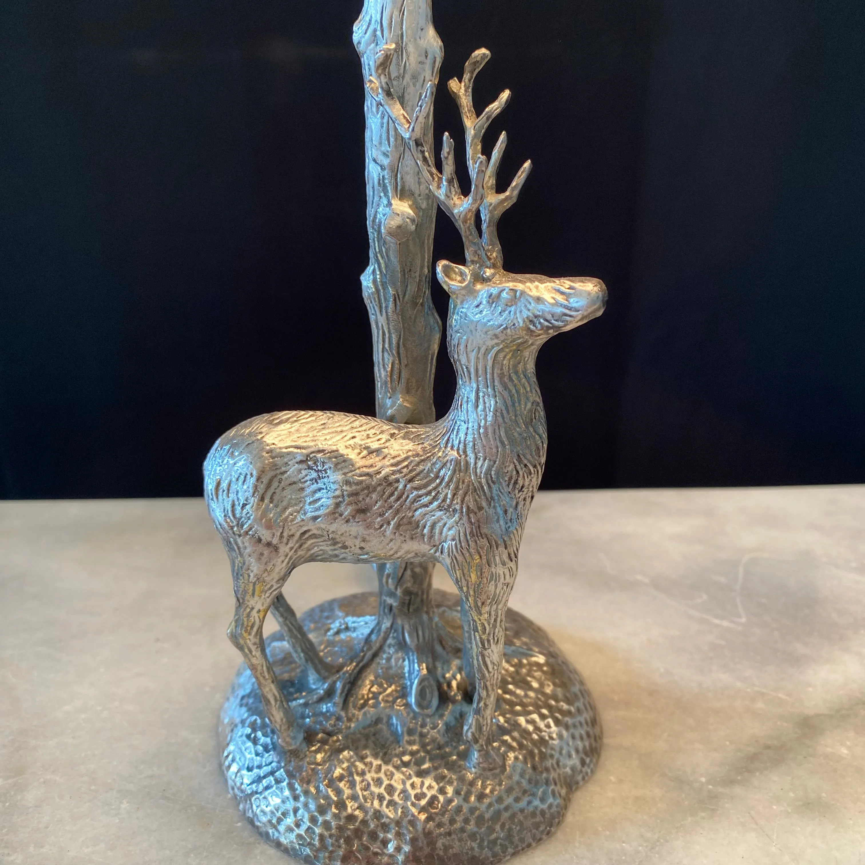 Silver Plated Bronze Deer or Stag Sculpture Table Lamp with Leaf Torch Base in the Manner of Valenti