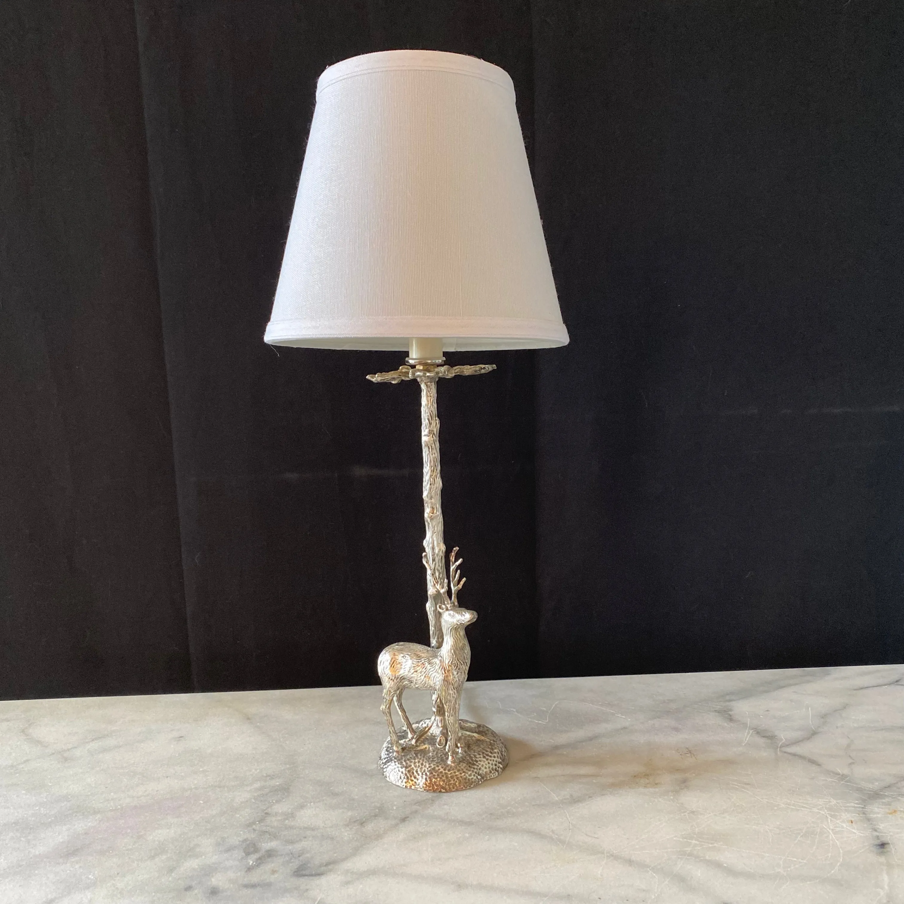 Silver Plated Bronze Deer or Stag Sculpture Table Lamp with Leaf Torch Base in the Manner of Valenti