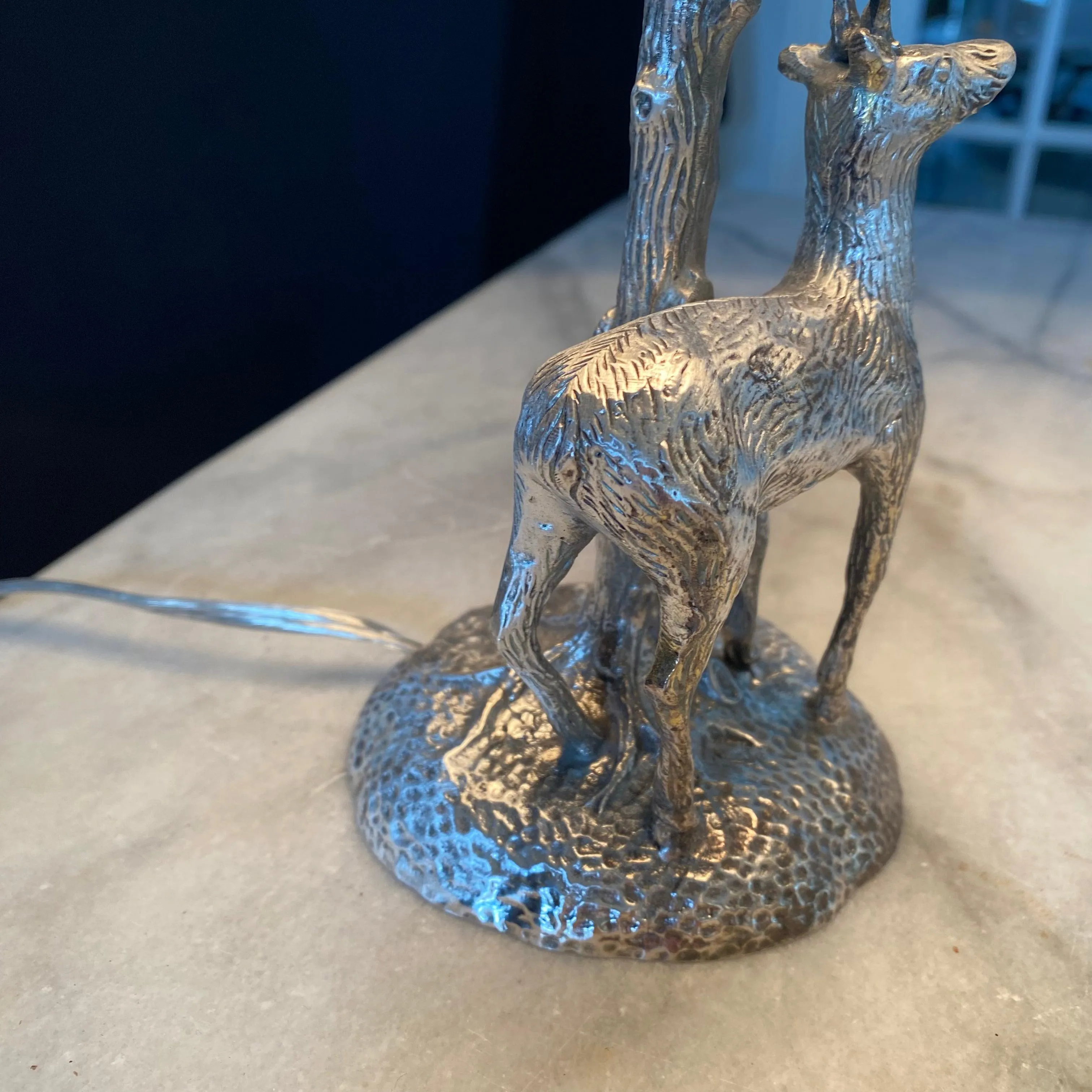 Silver Plated Bronze Deer or Stag Sculpture Table Lamp with Leaf Torch Base in the Manner of Valenti