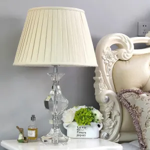 Simple White Fabric Table Lamp with Crystal Base - Perfect for Bedroom Nights